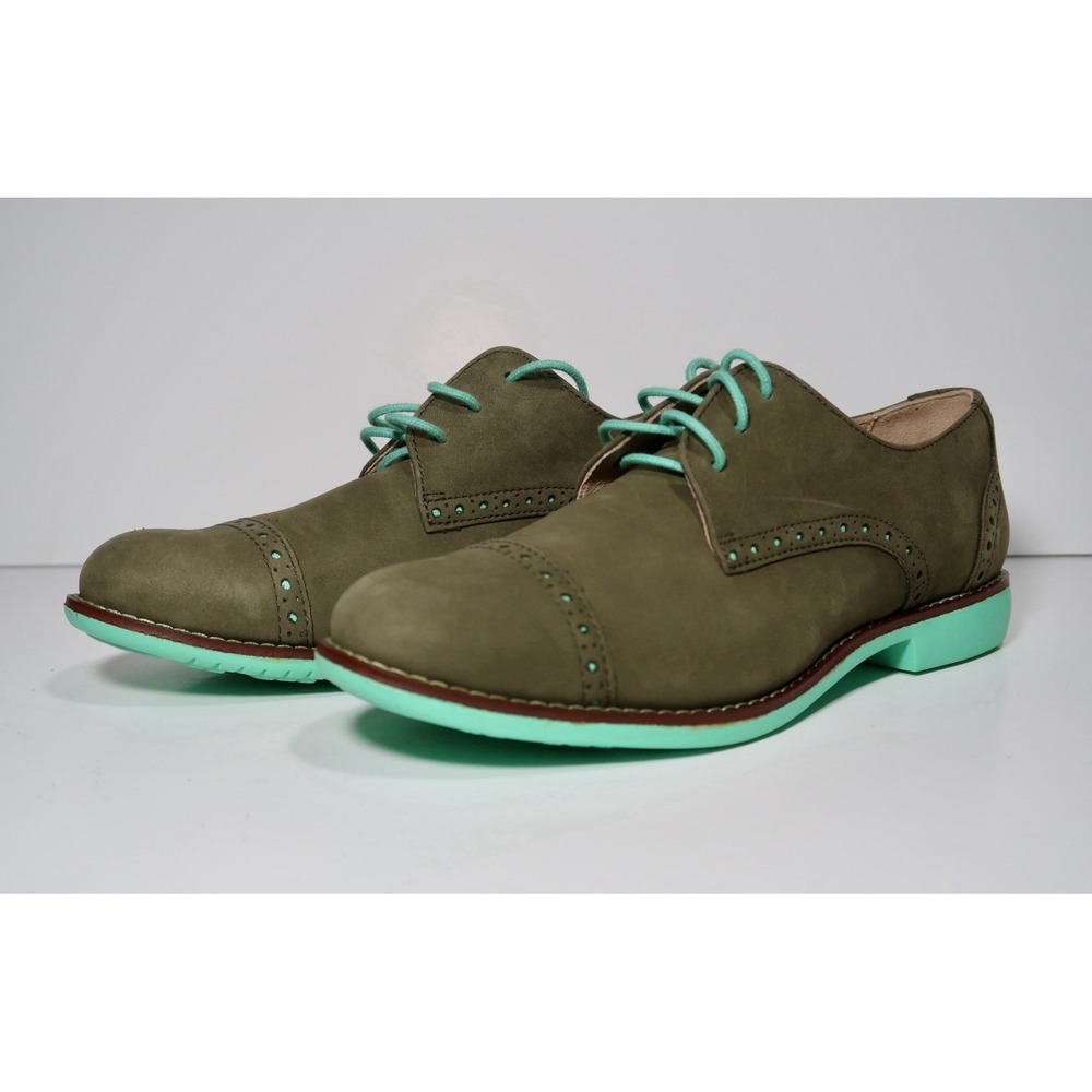 Cole Haan Women Leather Oxford Dress Shoes Cap Toe Brogue Olive/Mint US 6.5 B